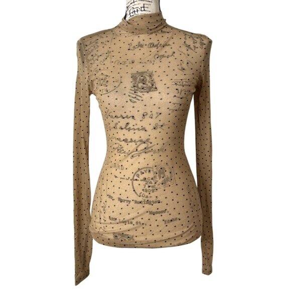 Enza Costa Sheer Top Long-Sleeve Turtleneck Tan + Black Polka Dot Womens Size M - Picture 2 of 9